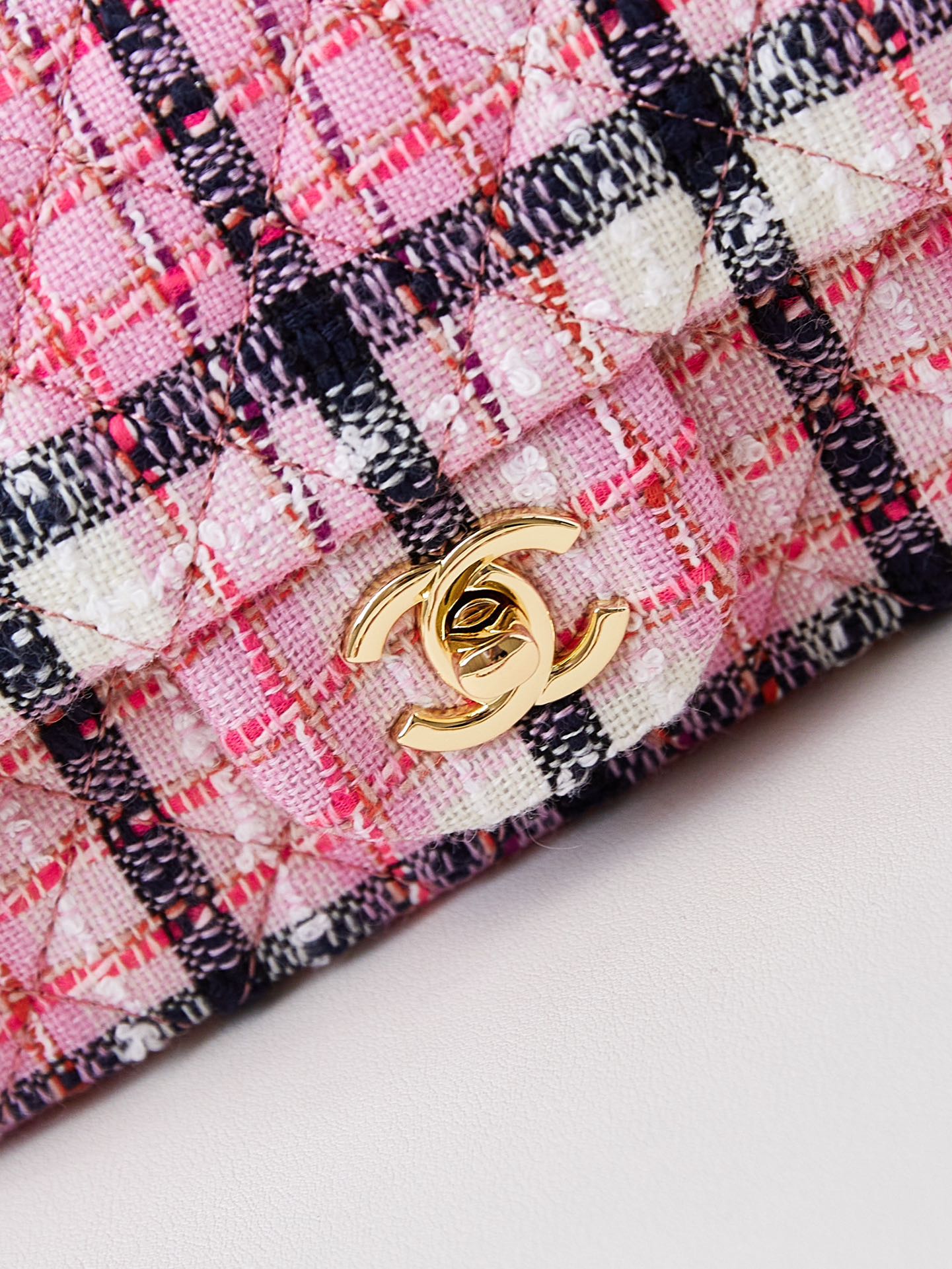 CHANEL Mini Classic Handbag & Gold-Tone Metal Pink Stripe-A69900