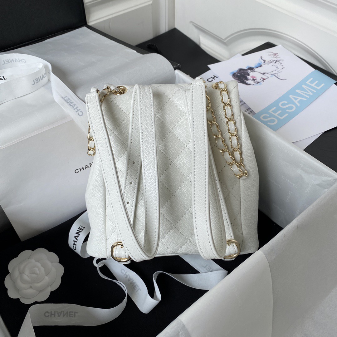 CHANEL Backpacks Grained Calfskin & Gold-Tone Metal White -AS3787