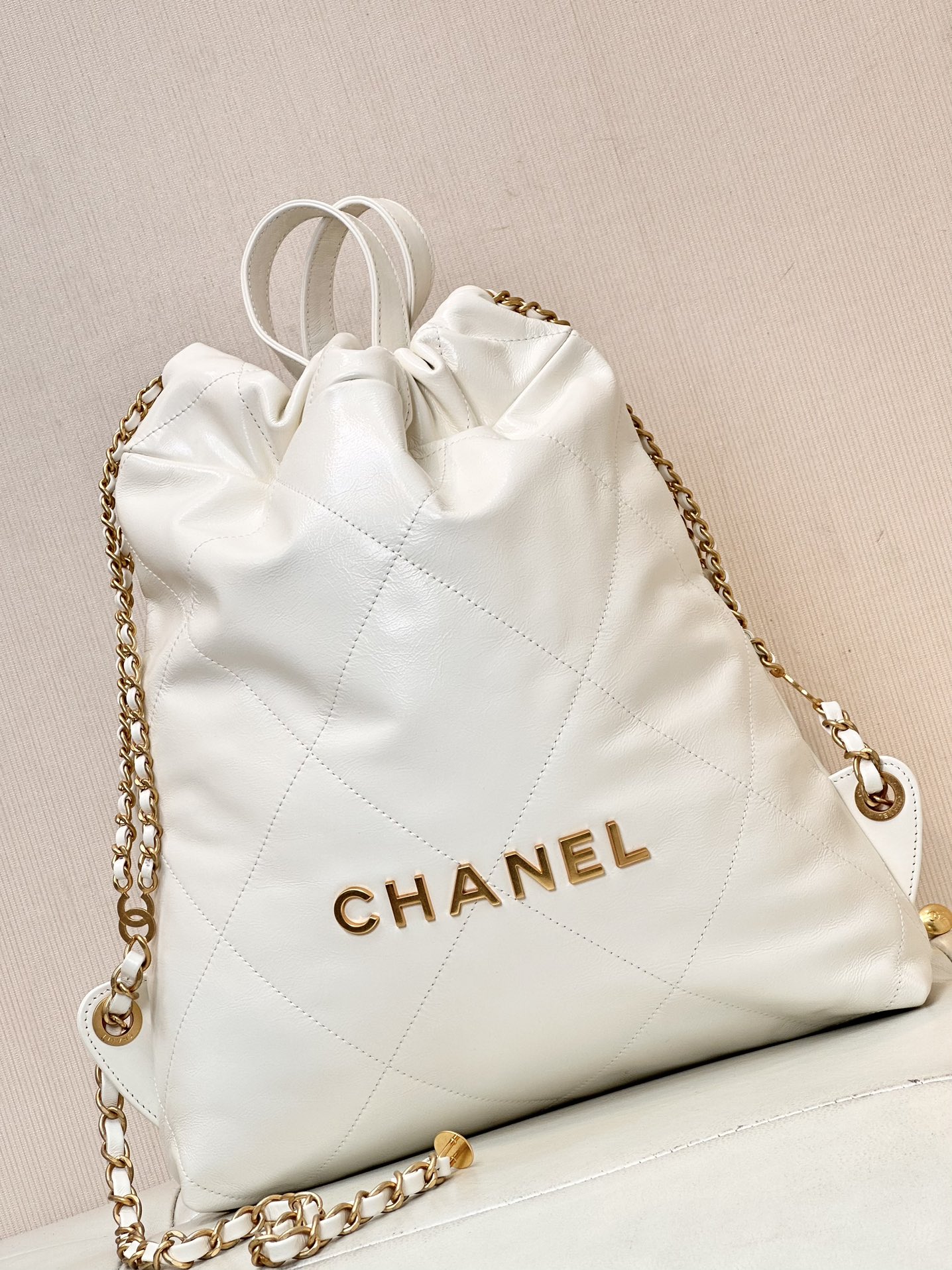 CHANEL Backpacks Shiny Calfskin & Gold-Tone Metal White- AS3859