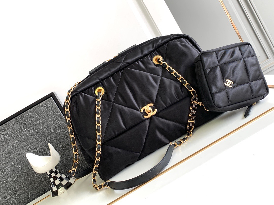 CHANEL Large Bowling Bag Satin and gold metal black-AS4776