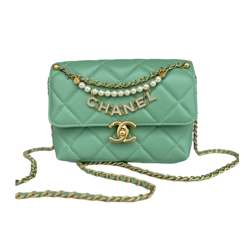 CHANEL Mini flap bag Shiny lambskin, faux pearls and gold coloured metal Green-AS4986