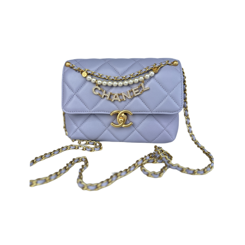 CHANEL Mini flap bag Shiny lambskin, faux pearls and gold coloured metal light purple-AS4986