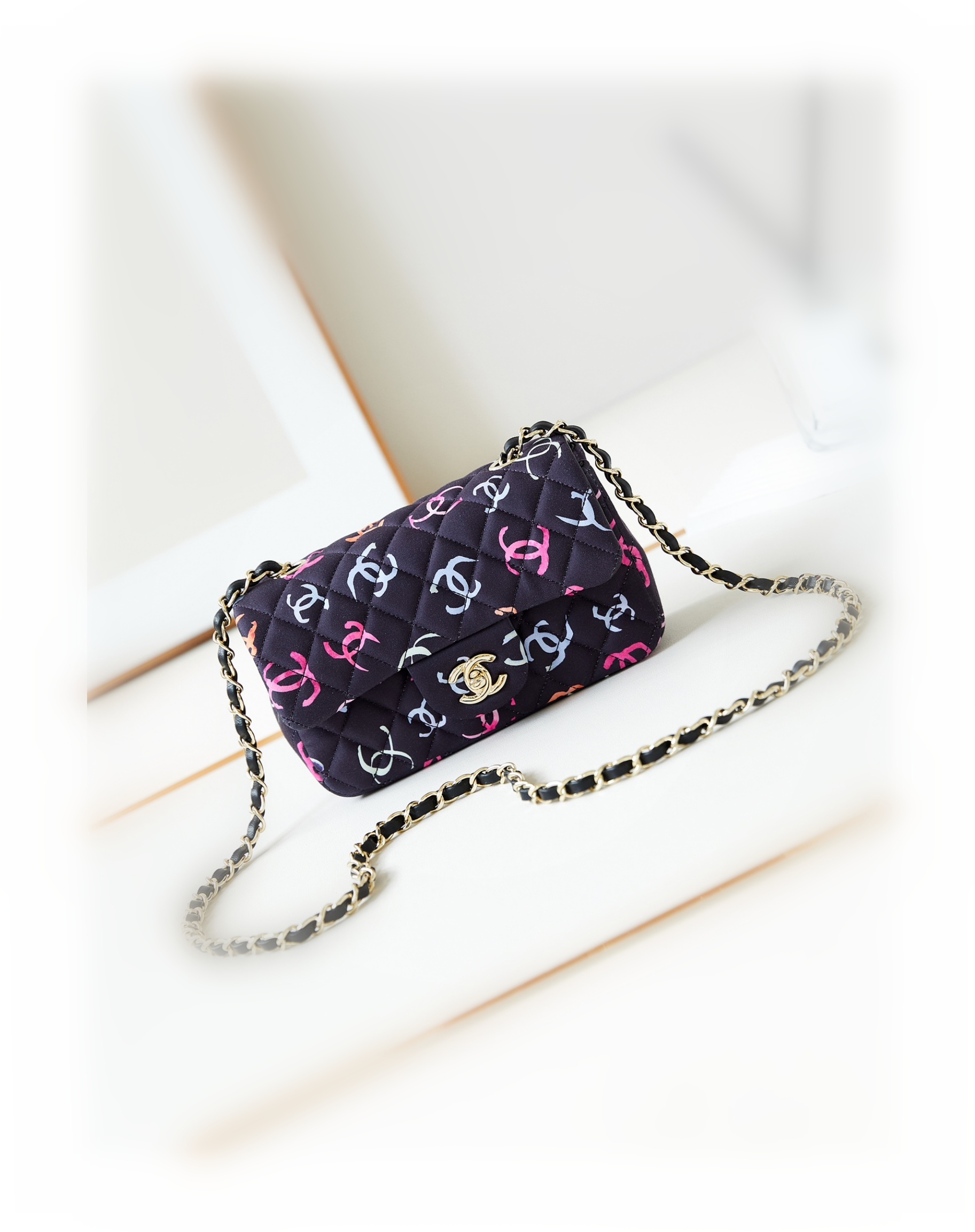 CHANEL Mini Classic Handbag & Gold-Tone Metal Navy Blue-A69900