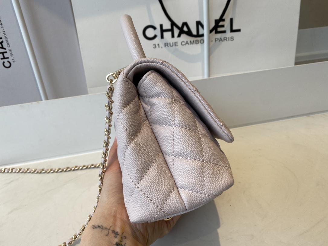 CHANEL Mini flap bag with handle Grain embossed calf leather with gold coloured metal pale gold-AS2215