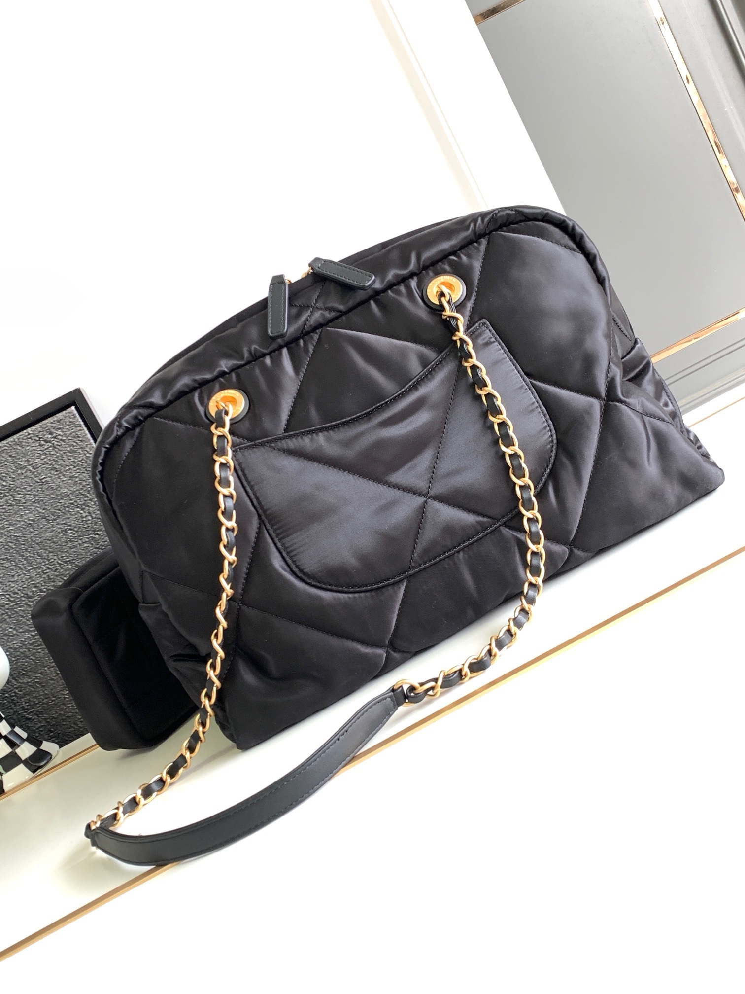 CHANEL Large Bowling Bag Satin and gold metal black-AS4776
