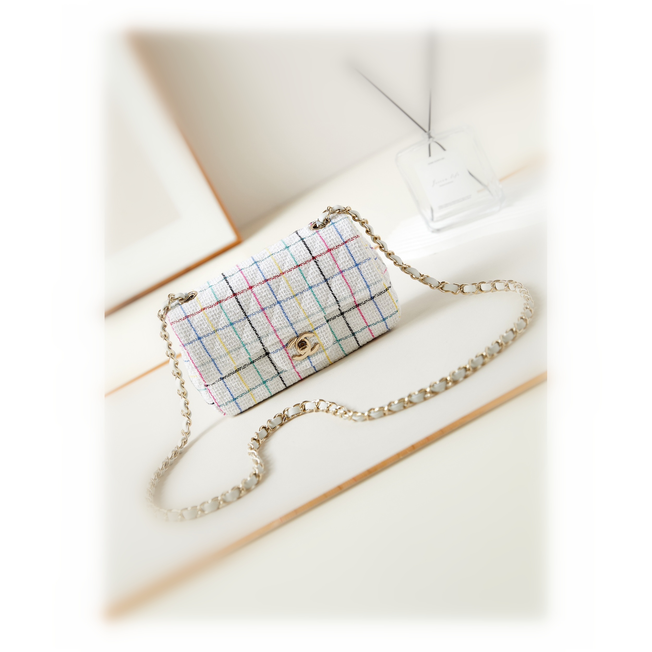 CHANEL Mini Classic Handbag & Gold-Tone Metal Colorful white-A69900