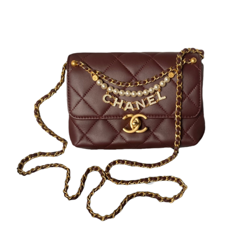 CHANEL Mini flap bag Shiny lambskin, faux pearls and gold coloured metal Red-AS4986