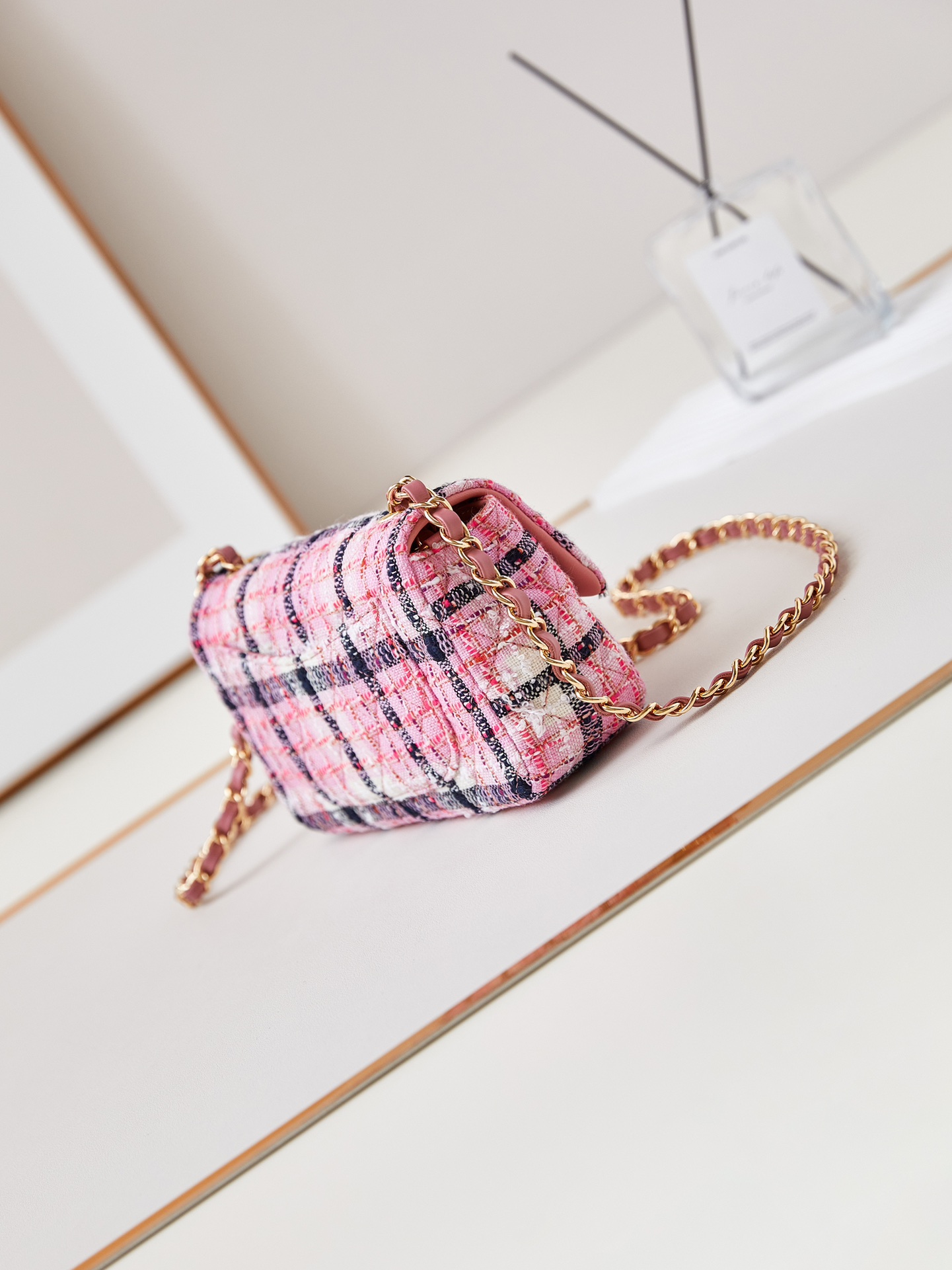 CHANEL Mini Classic Handbag & Gold-Tone Metal Pink Stripe-A69900