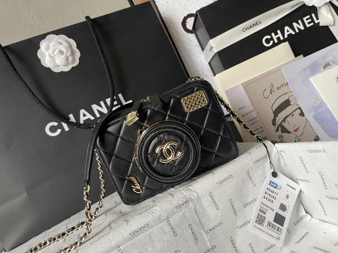 CHANEL Camera bag Sheep leather and gold metal Black-AS4817