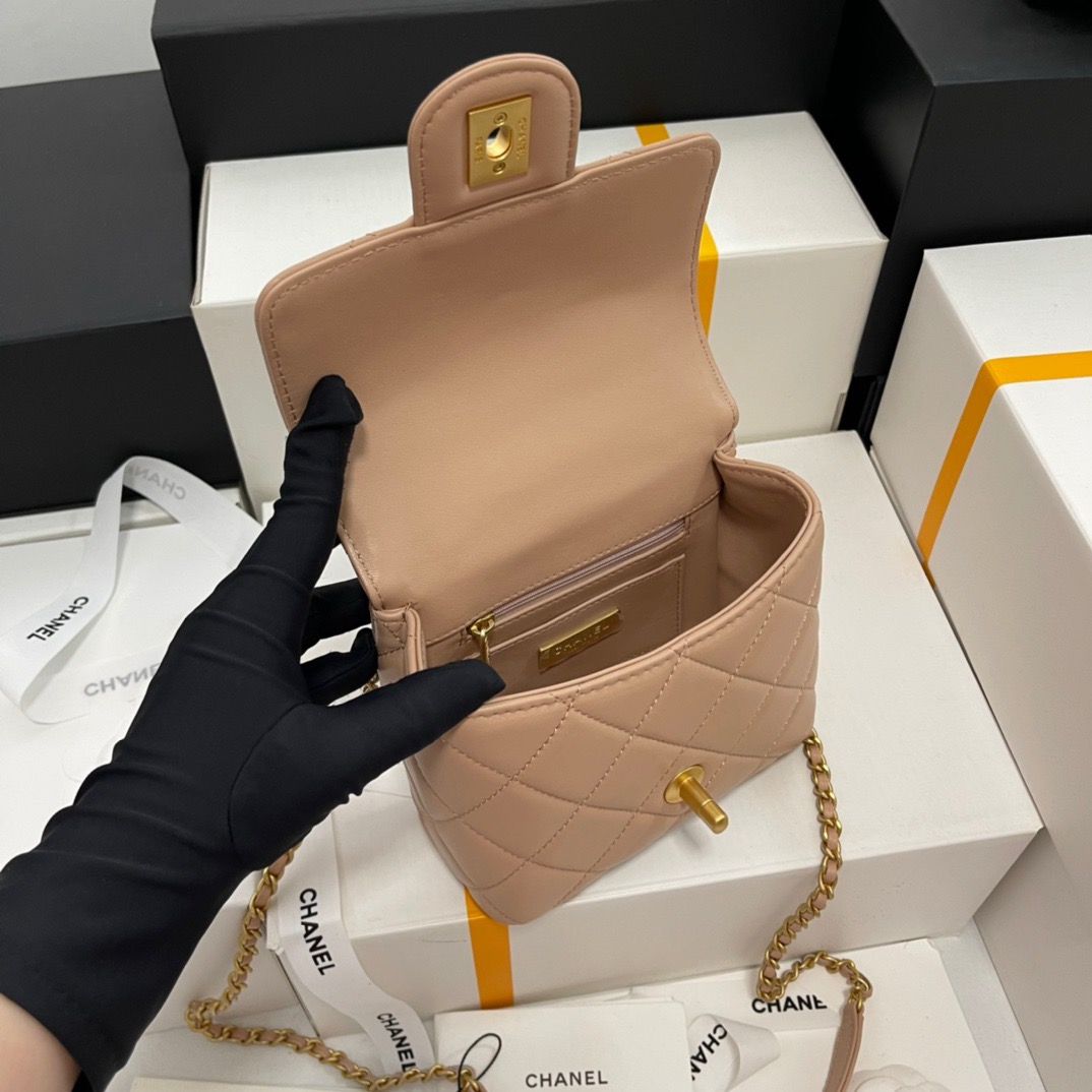 CHANEL Mini Flap Bag with Top HandleLambskin & Gold-Tone Metal Dark Beige - AS5111