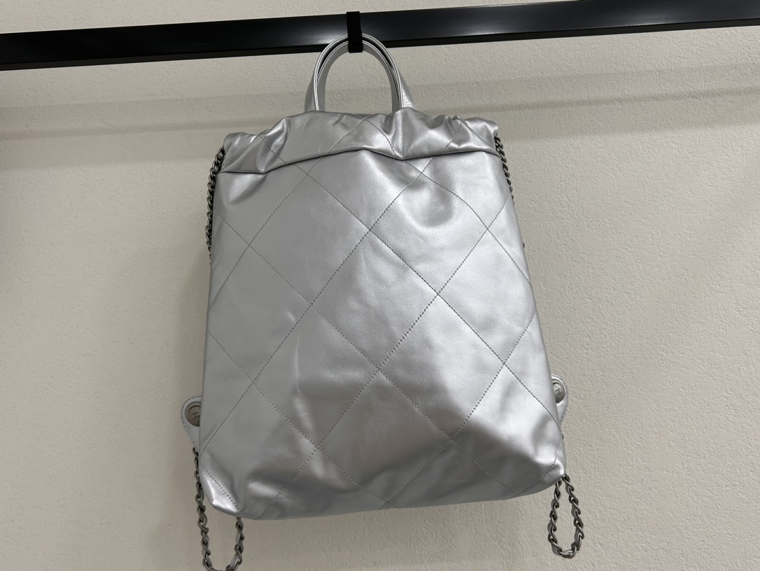 CHANEL Backpacks Shiny Calfskin & Gold-Tone Metal Silvery- AS3859