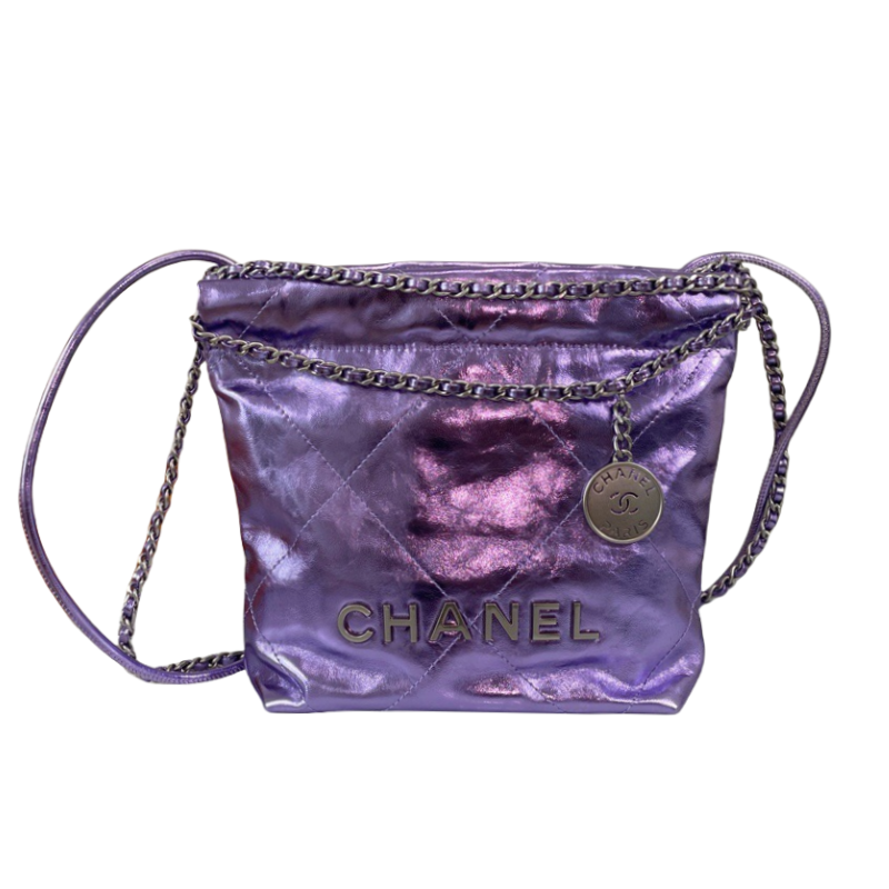 CHANEL  22 Mini HandbagMetallic Lambskin & Lacquered Metal Dark Purple- AS3980