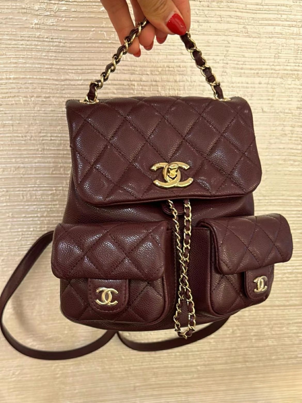CHANEL Backpacks Grained Calfskin & Gold-Tone Metal Dark Burgundy-AS3860