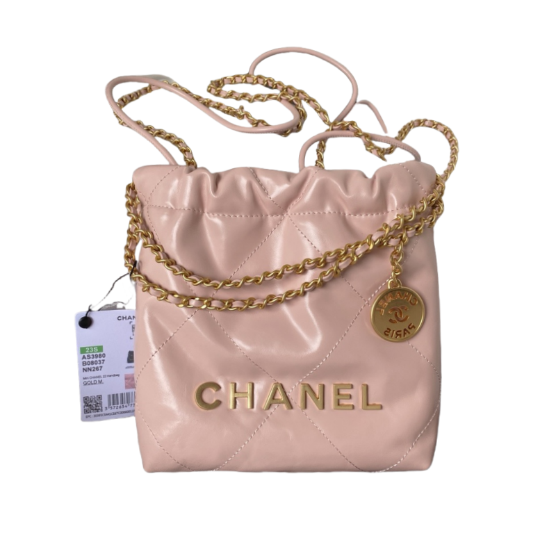 CHANEL CHANEL 22 Mini Handbag Shiny Calfskin & Gold-Tone Metal Light Pink- AS3980