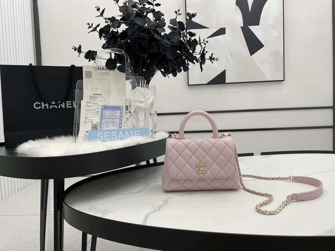 CHANEL Mini flap bag with handle Grain embossed calf leather with gold coloured metal Pink-AS2215