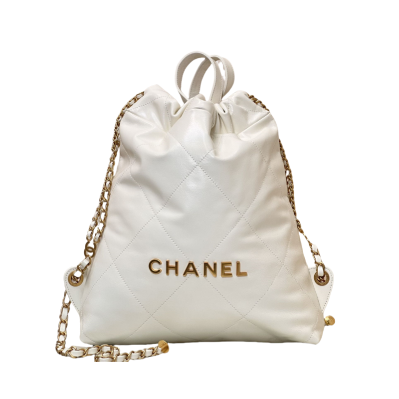 CHANEL Backpacks Shiny Calfskin & Gold-Tone Metal White- AS3859