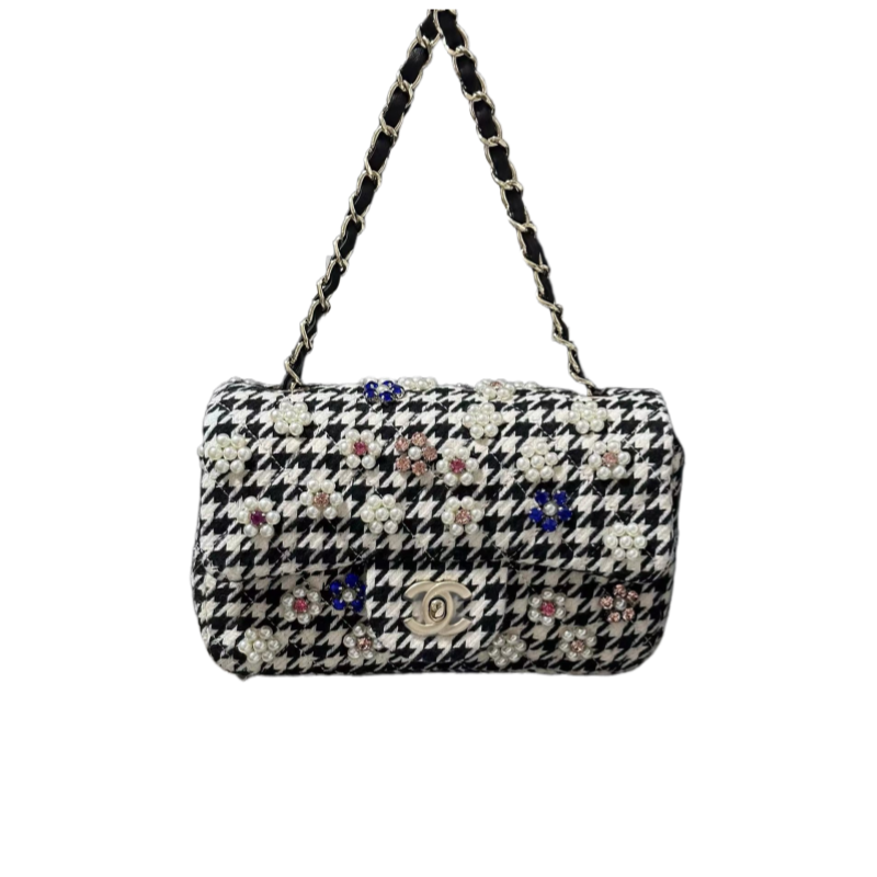CHANEL Mini Classic Handbag Embroidered Tweed, Imitation Pearls, Strass & Gold-Tone Metal Black & White-A69900