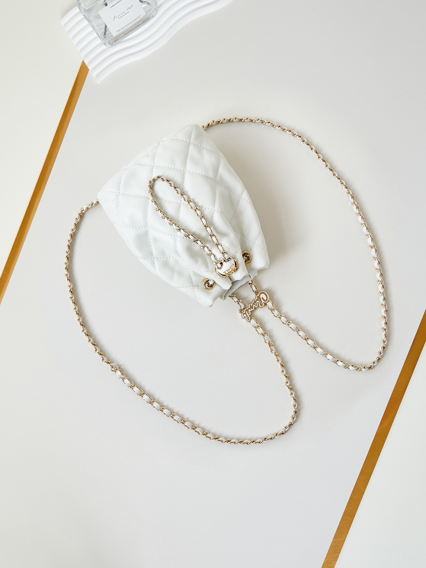 CHANEL Backpacks Shiny Lambskin & Gold-Tone Metal White-AS4810