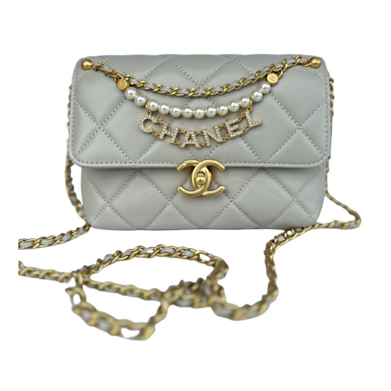 CHANEL Mini flap bag Shiny lambskin, faux pearls and gold coloured metal White-AS4986