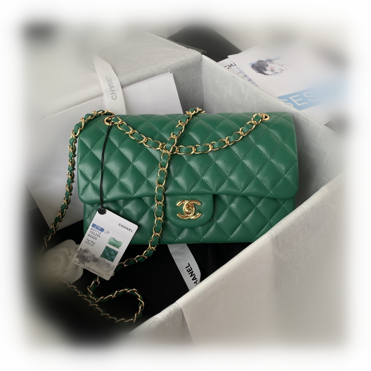 CHANEL CLASSIC 11.12 HANDBAG Lambskin & Brown Metal Green2-A01112