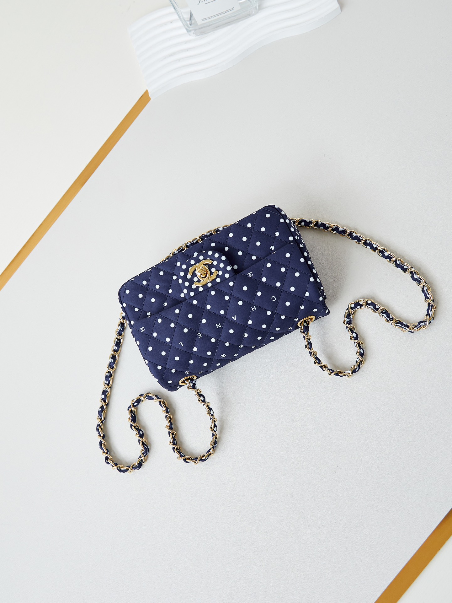 CHANEL Mini Classic Handbag & Gold-Tone Metal Blue Spots-A69900
