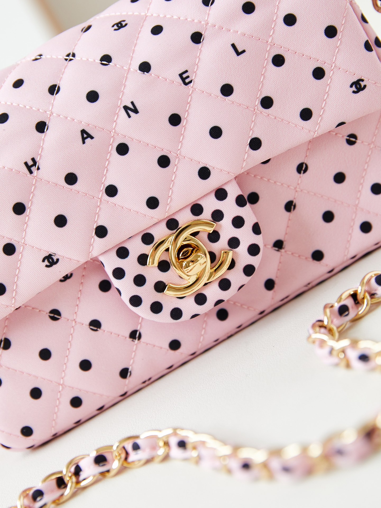 CHANEL Mini Classic Handbag & Gold-Tone Metal Pink Spots-A69900