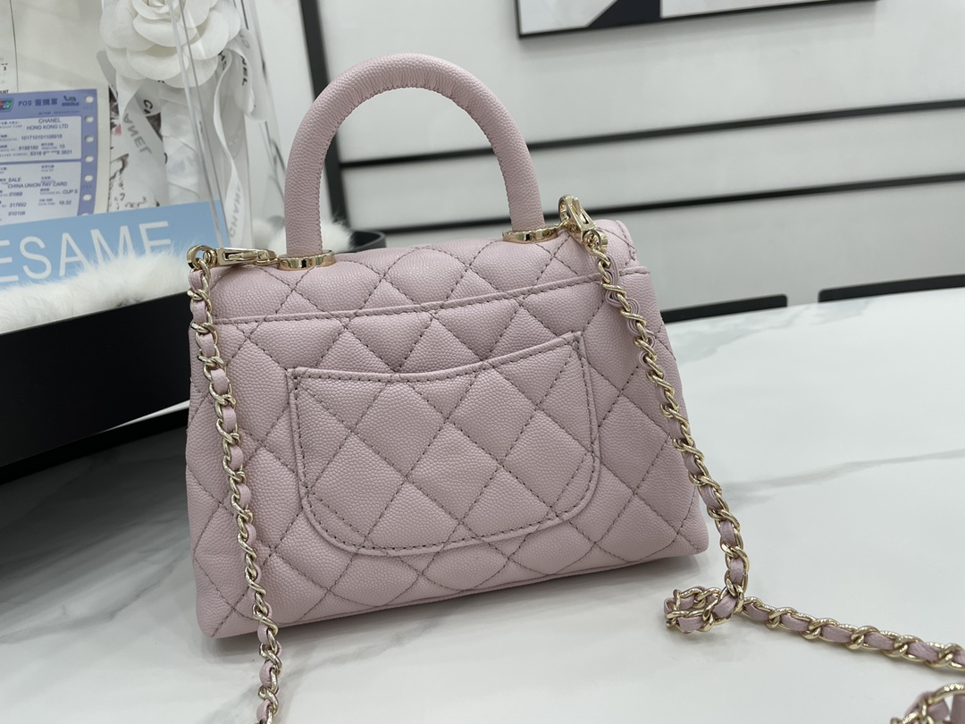 CHANEL Mini flap bag with handle Grain embossed calf leather with gold coloured metal Pink-AS2215