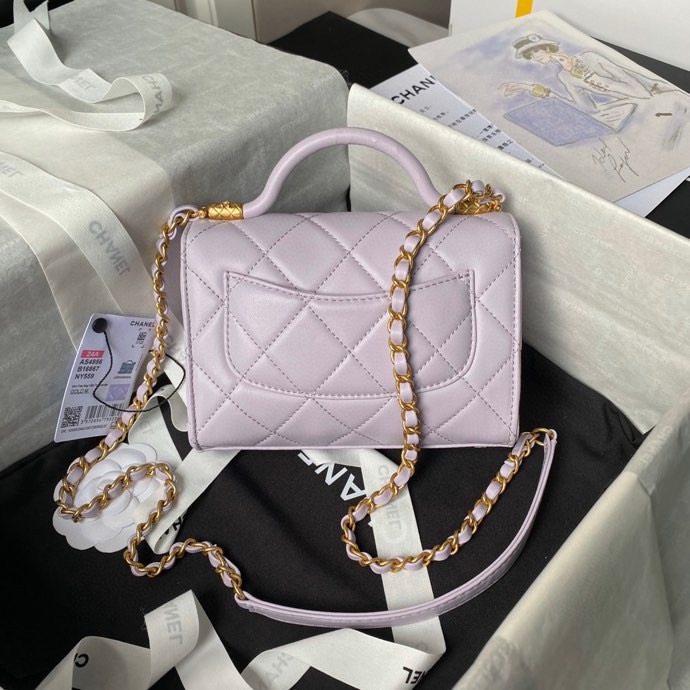 CHANEL  Mini Flap Bag with Top Handle Grained Shiny Calfskin & Gold-Tone Metal Light Purple-AS4956