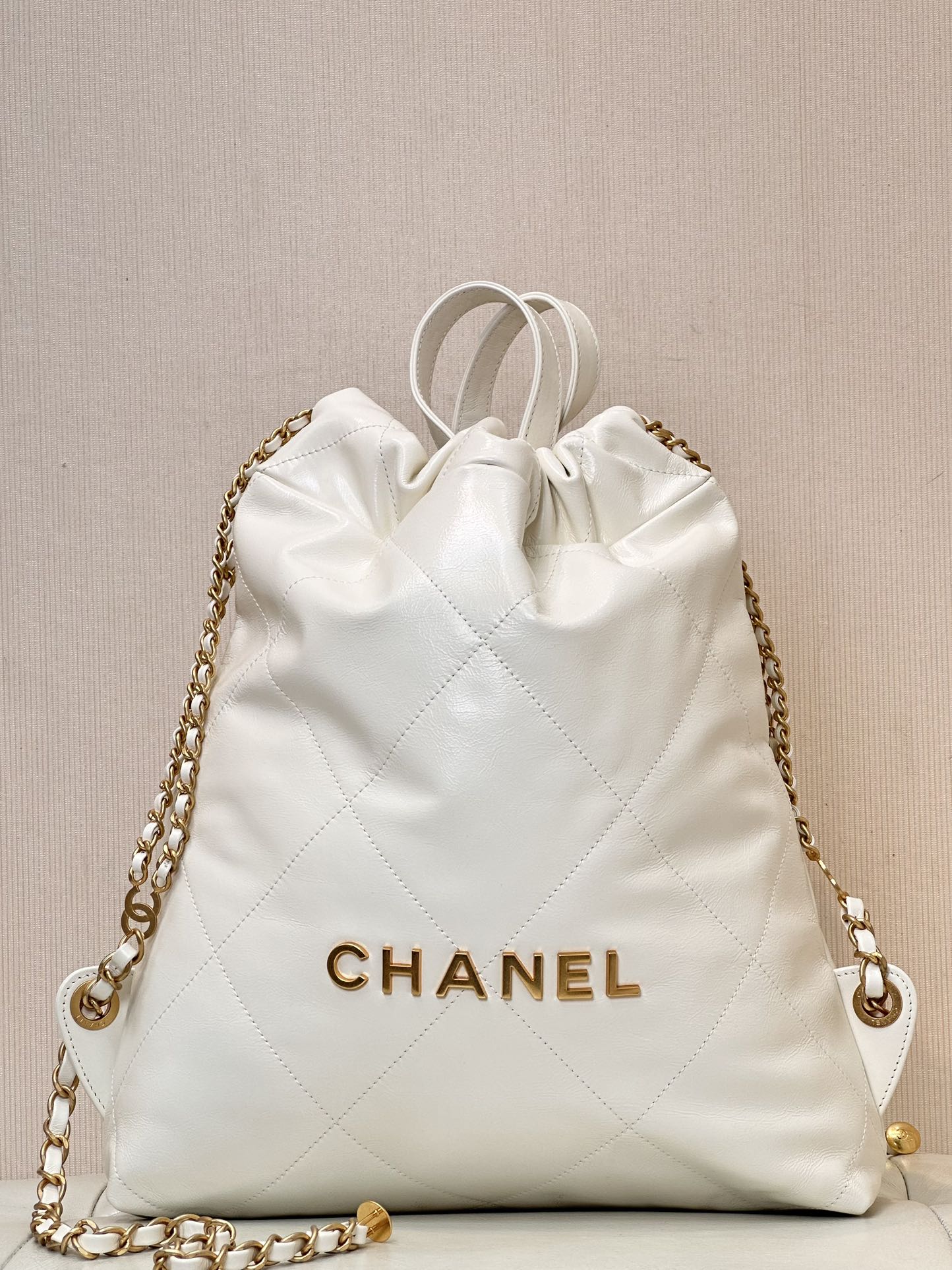 CHANEL Backpacks Shiny Calfskin & Gold-Tone Metal White- AS3859