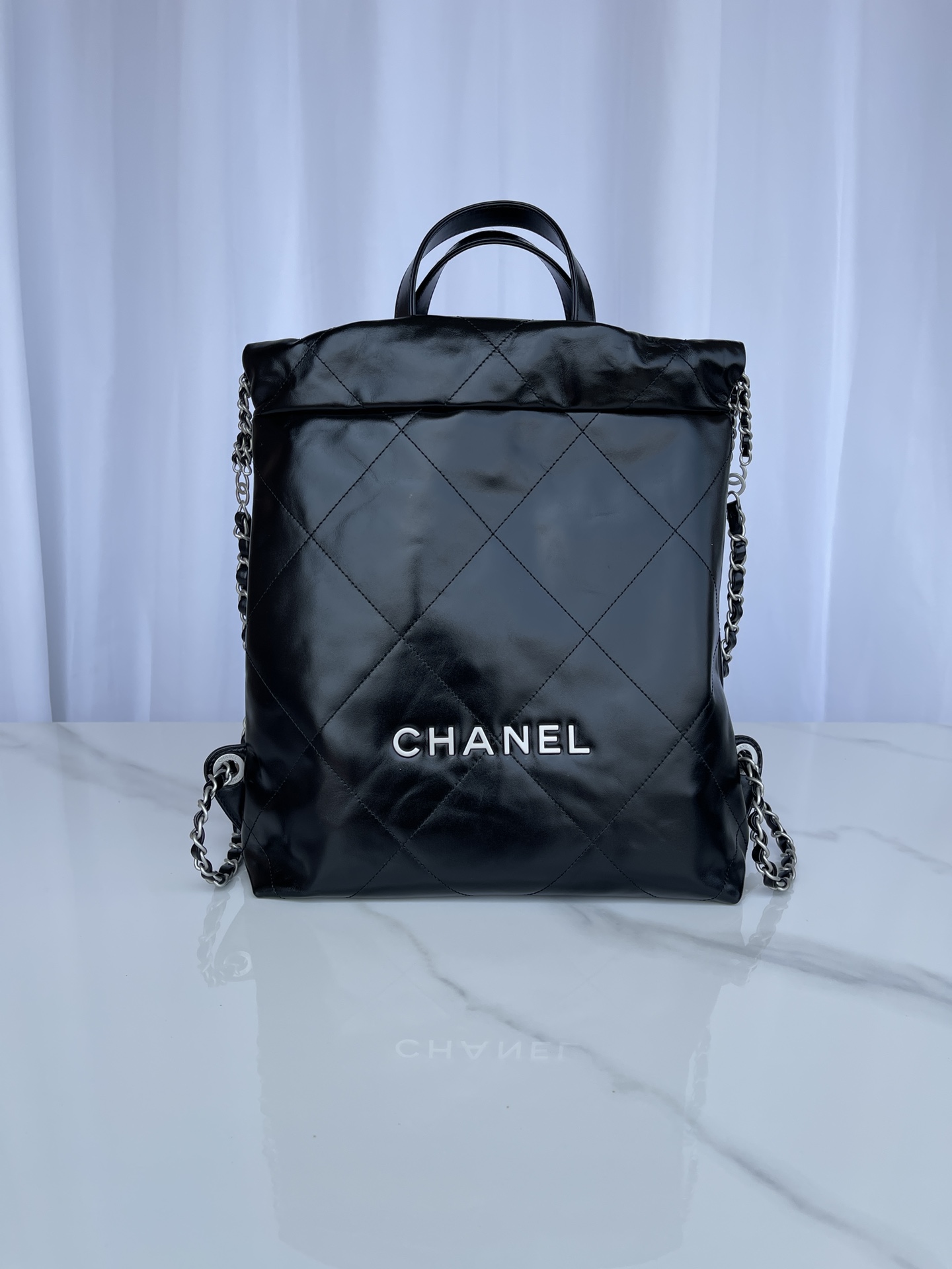 CHANEL Backpacks Shiny Calfskin & Gold-Tone Metal Black- AS3859