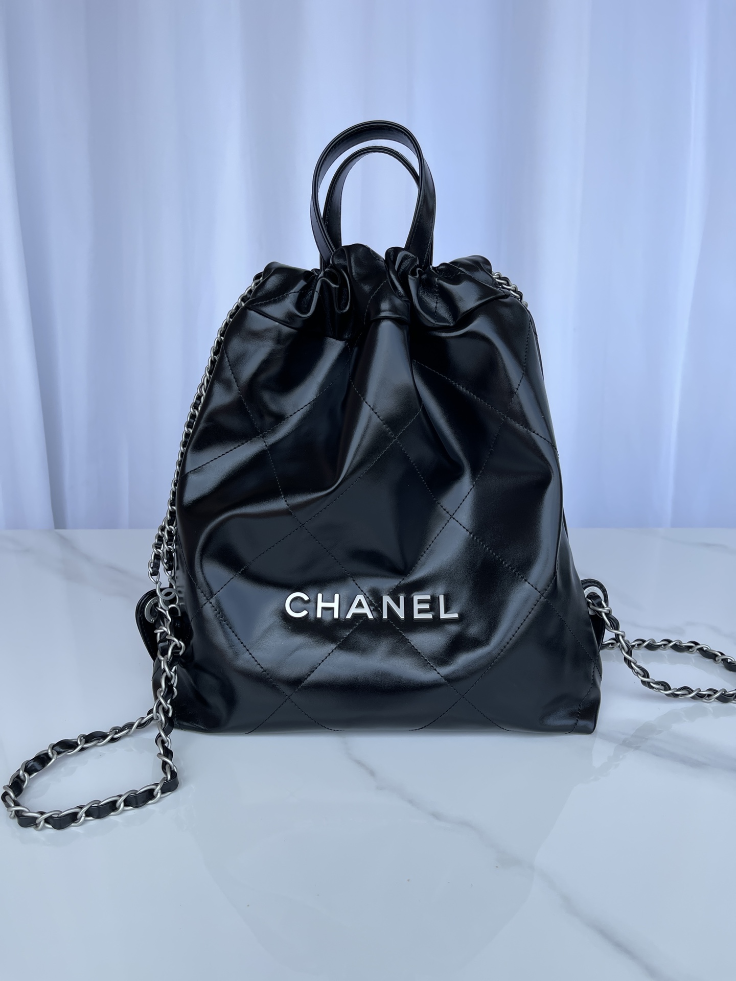 CHANEL Backpacks Shiny Calfskin & Gold-Tone Metal Black- AS3859