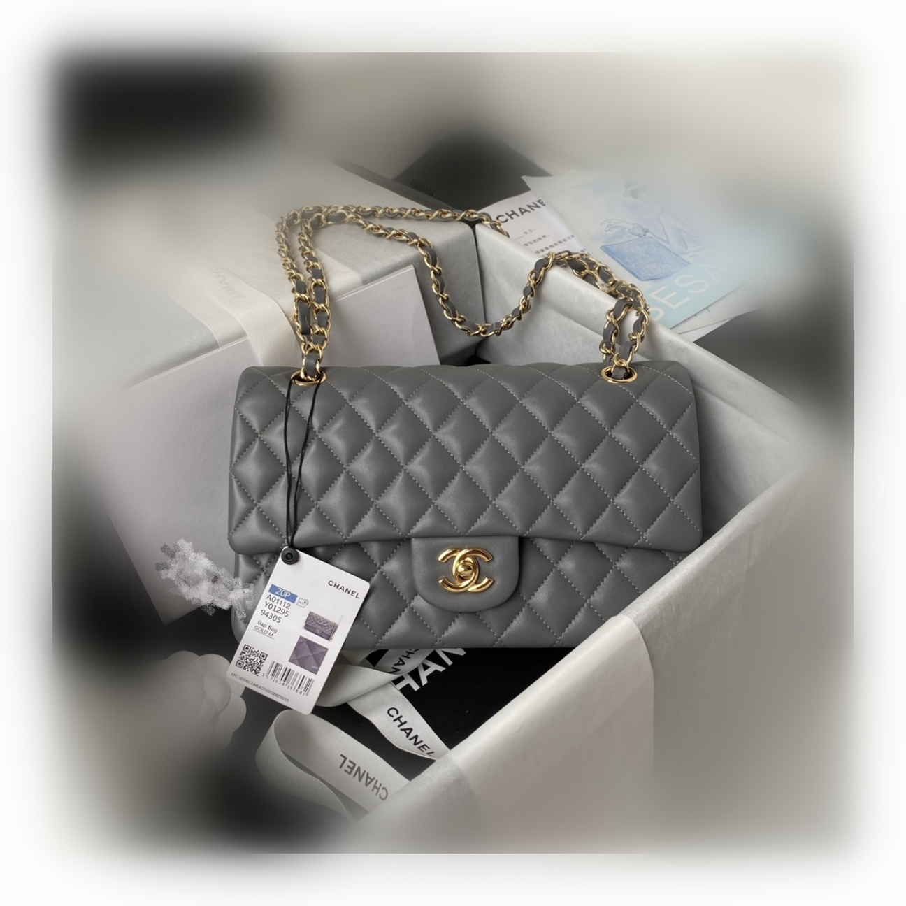 CHANEL CLASSIC 11.12 HANDBAG Lambskin & Brown Metal Dark Grey-A01112