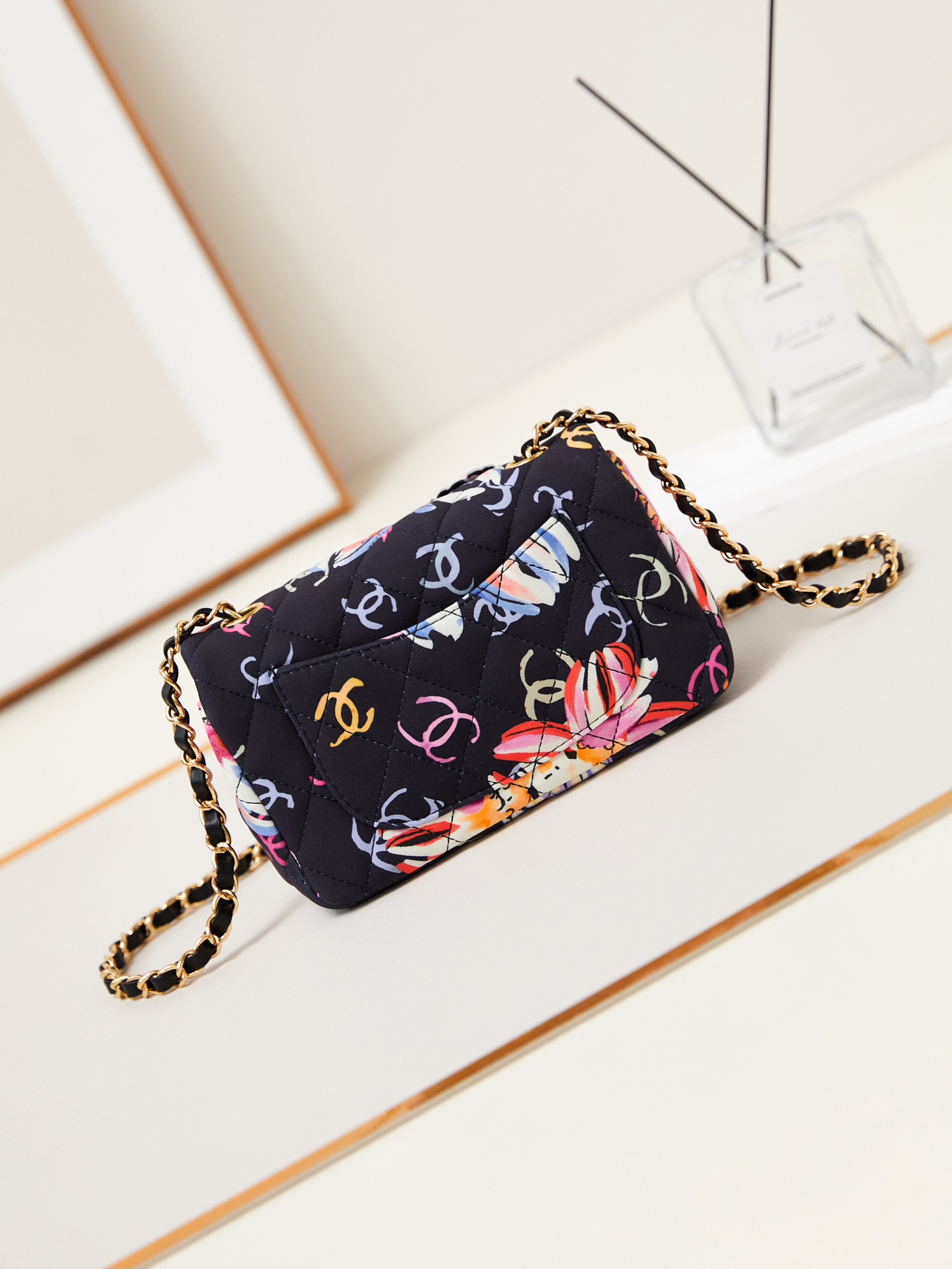 CHANEL Mini Classic Handbag & Gold-Tone Metal Camellia-A69900