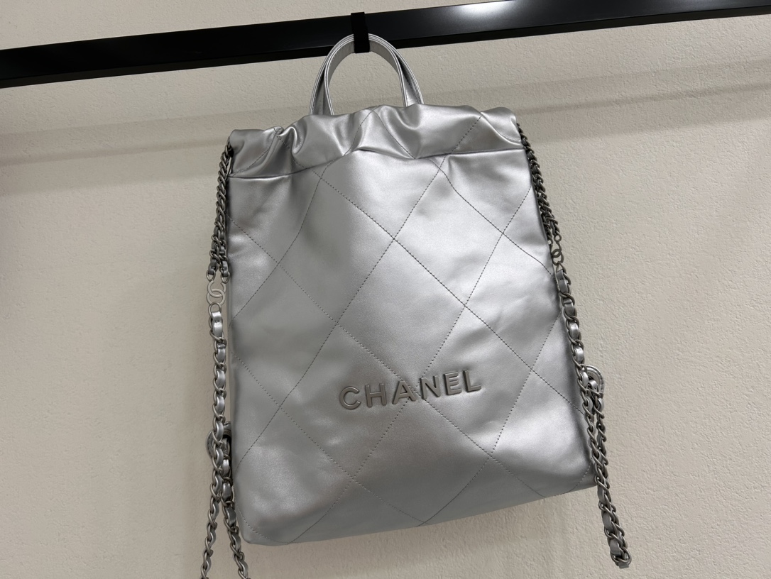 CHANEL Backpacks Shiny Calfskin & Gold-Tone Metal Silvery- AS3859