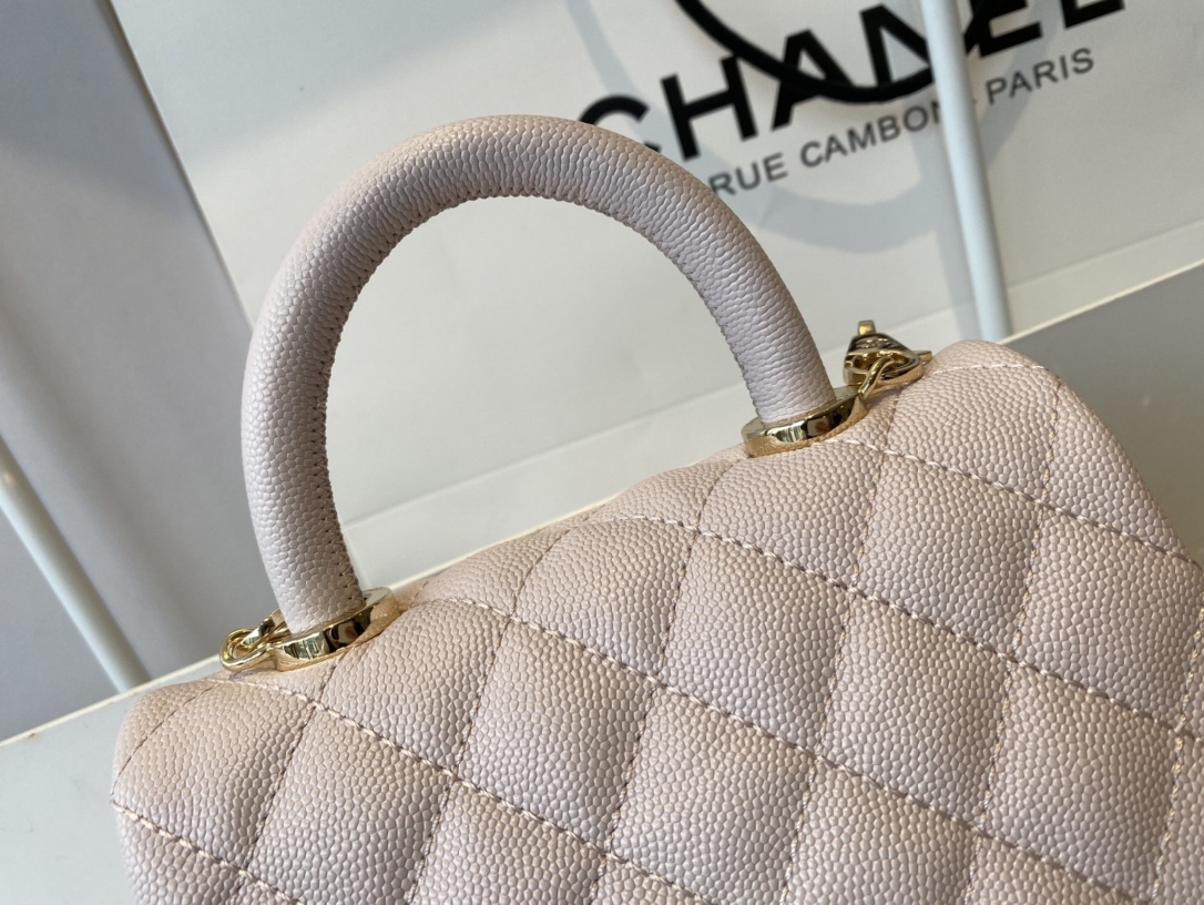 CHANEL Mini flap bag with handle Grain embossed calf leather with gold coloured metal pale gold-AS2215