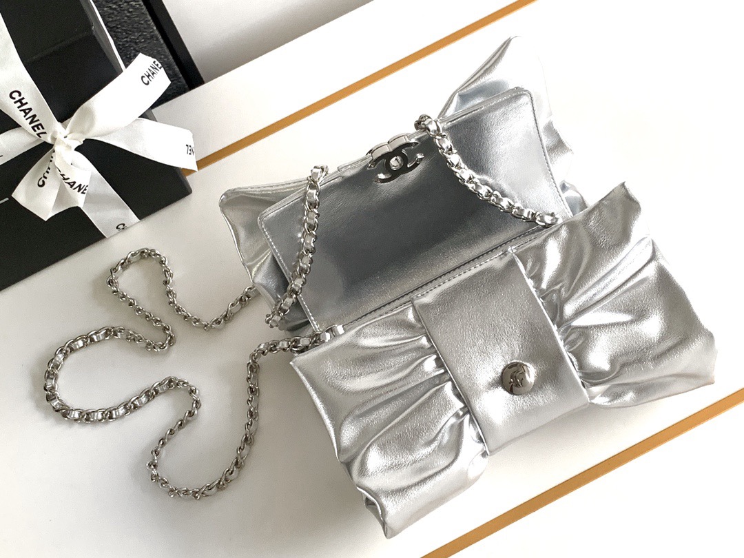CHANEL Metallic Lambskin & Silver-Tone Metal Silver - AS5129