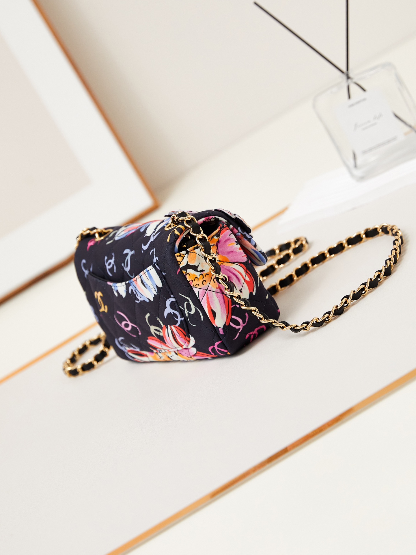 CHANEL Mini Classic Handbag & Gold-Tone Metal Camellia-A69900