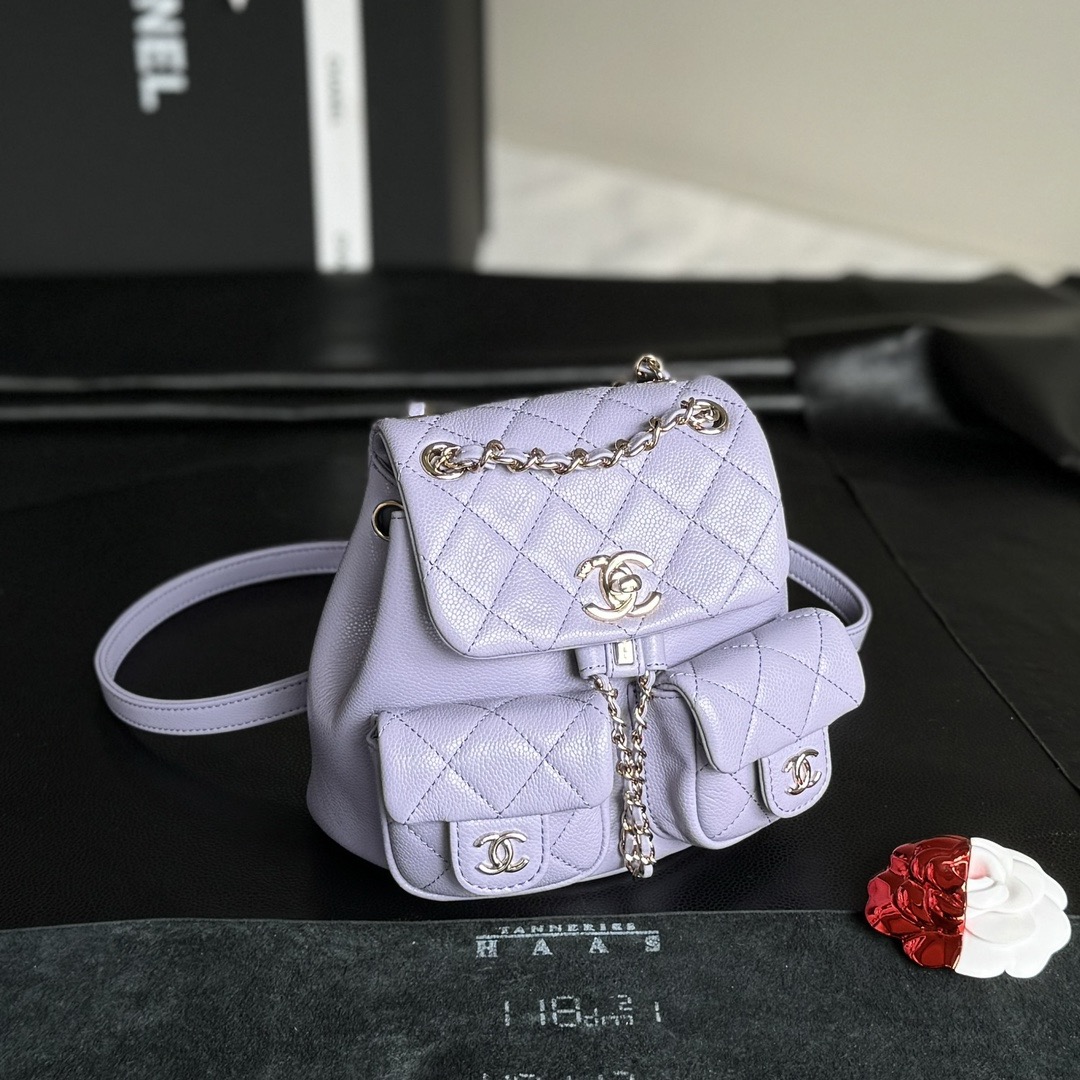 CHANEL Backpacks Grained Calfskin & Gold-Tone Metal Light Purple-AS3787