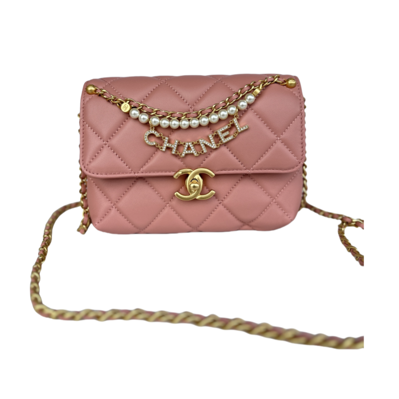 CHANEL Mini flap bag Shiny lambskin, faux pearls and gold coloured metal Rose pink-AS4986