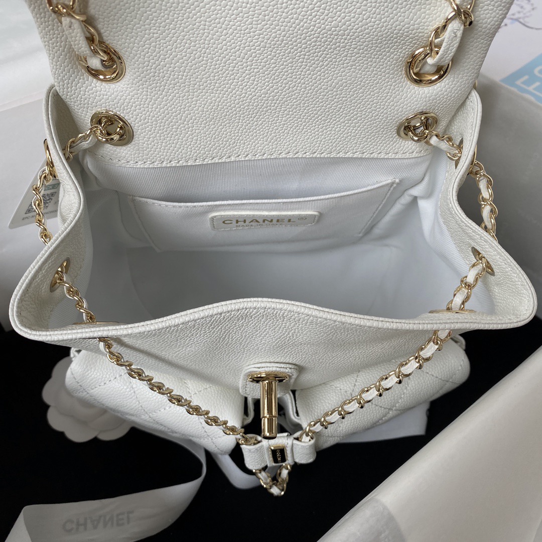 CHANEL Backpacks Grained Calfskin & Gold-Tone Metal White -AS3787
