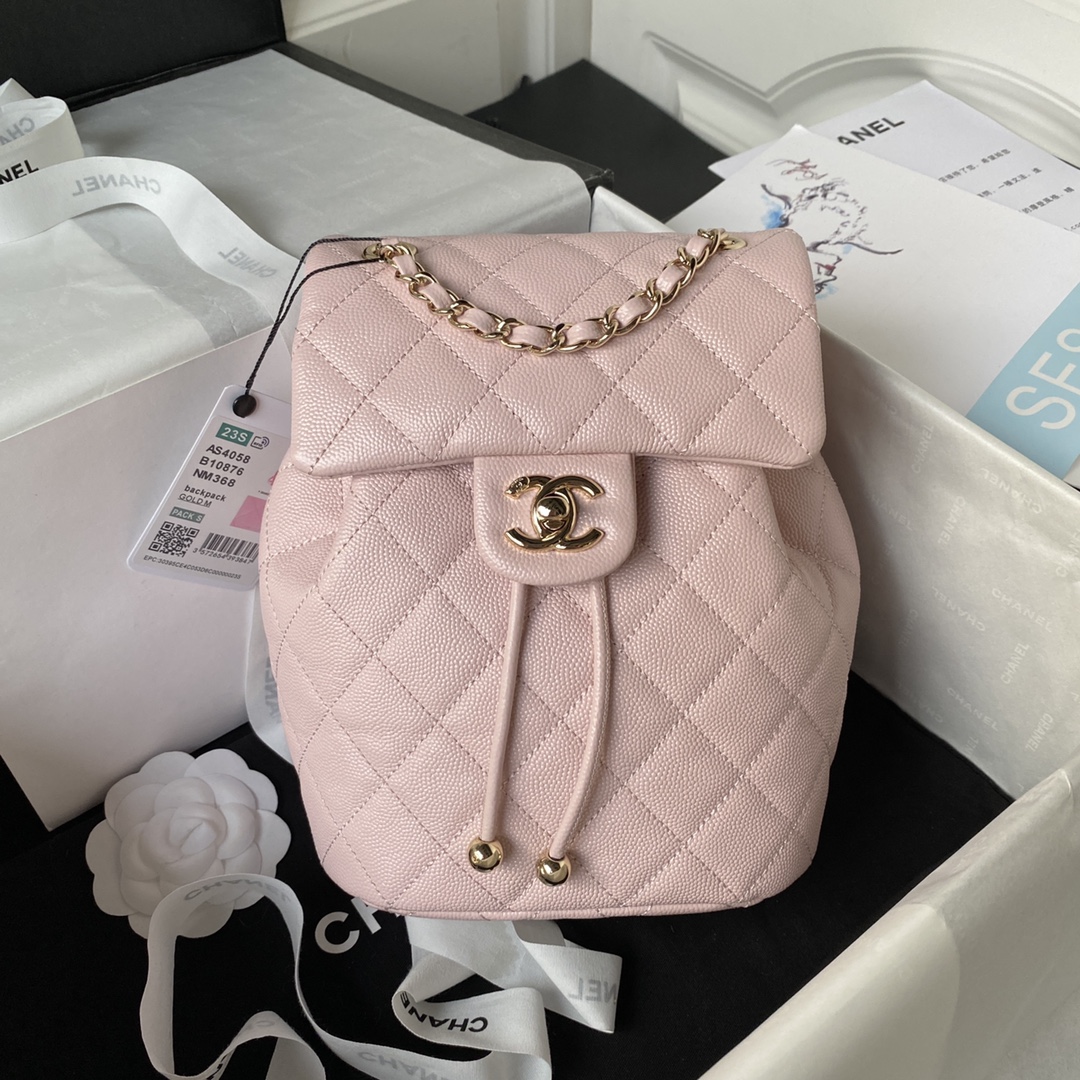 CHANEL Backpacks  Grain-embossed shiny calf leather with gold-coloured metal Light pink -AS4058