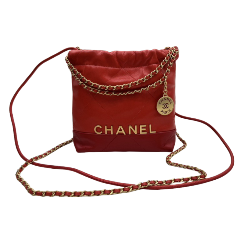CHANEL CHANEL 22 Mini Handbag Shiny Calfskin, Imitation Pearls & Gold-Tone Metal Red- AS3980