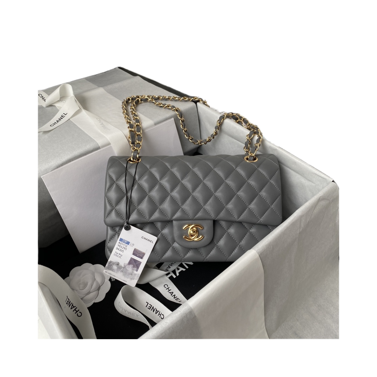 CHANEL CLASSIC 11.12 HANDBAG Lambskin & Brown Metal Dark Grey-A01112