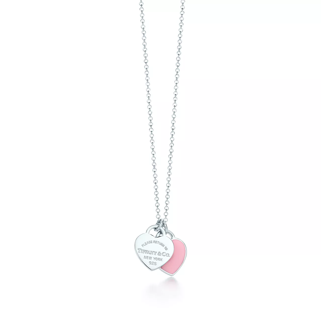 Pink Double Heart Tag Pendant in Silver, Mini