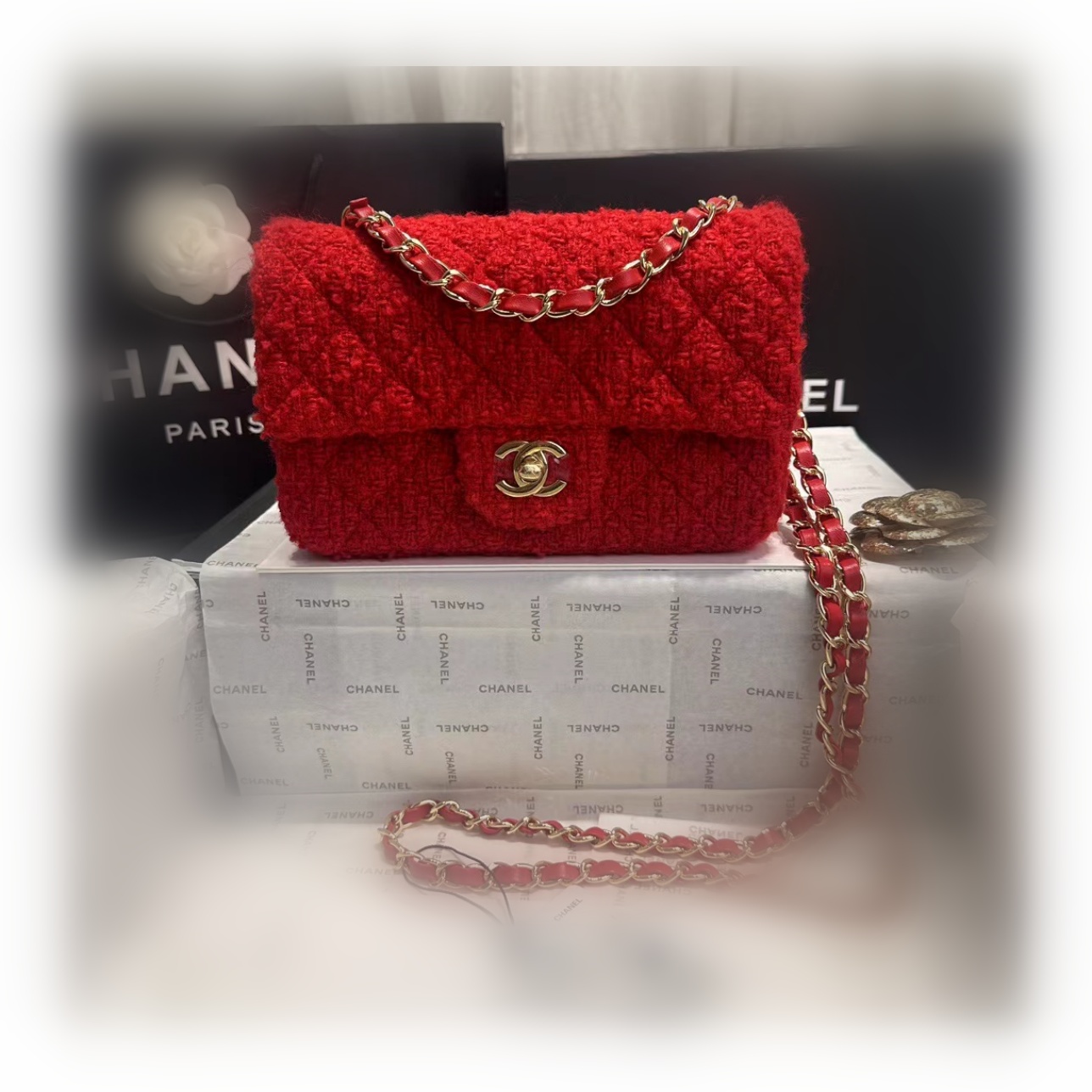 CHANEL CLASSIC 11.12 HANDBAG Lambskin & Brown Metal Red-A01112