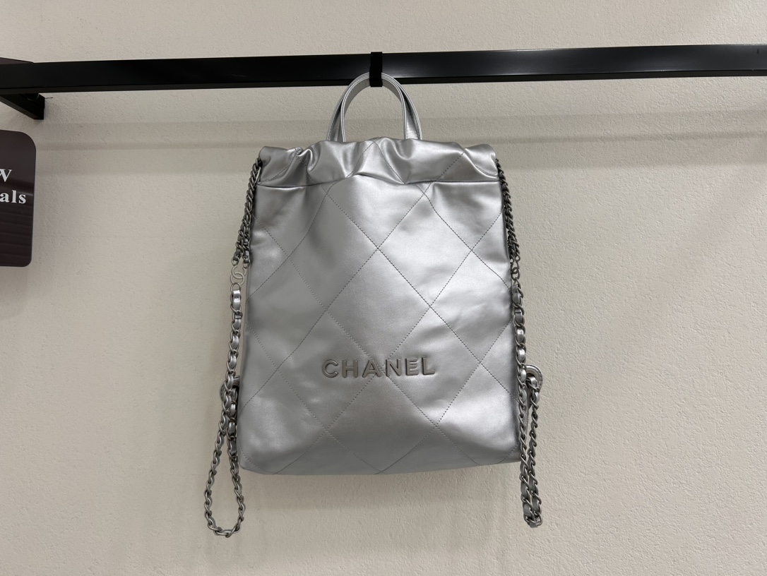 CHANEL Backpacks Shiny Calfskin & Gold-Tone Metal Silvery- AS3859