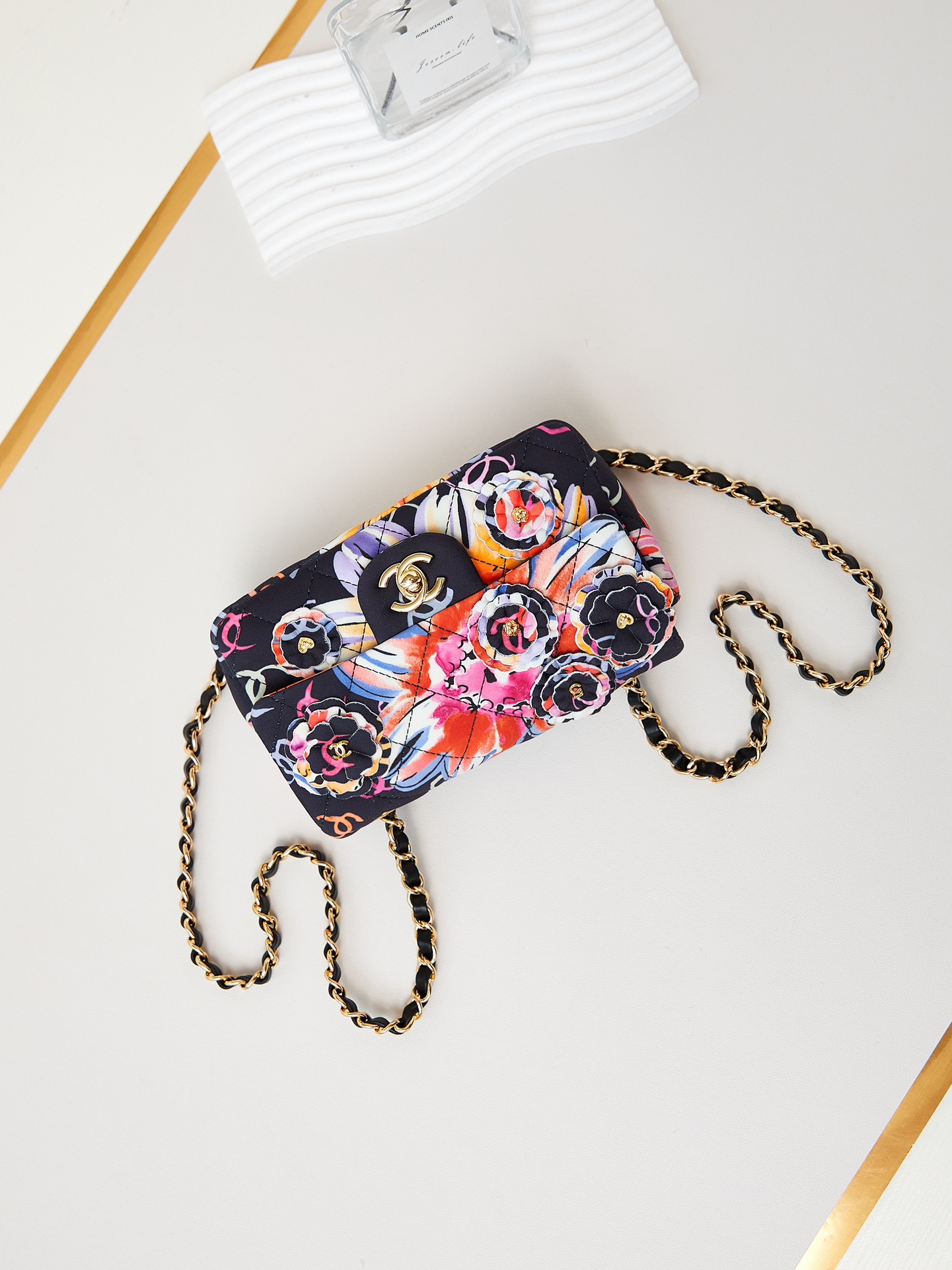 CHANEL Mini Classic Handbag & Gold-Tone Metal Camellia-A69900