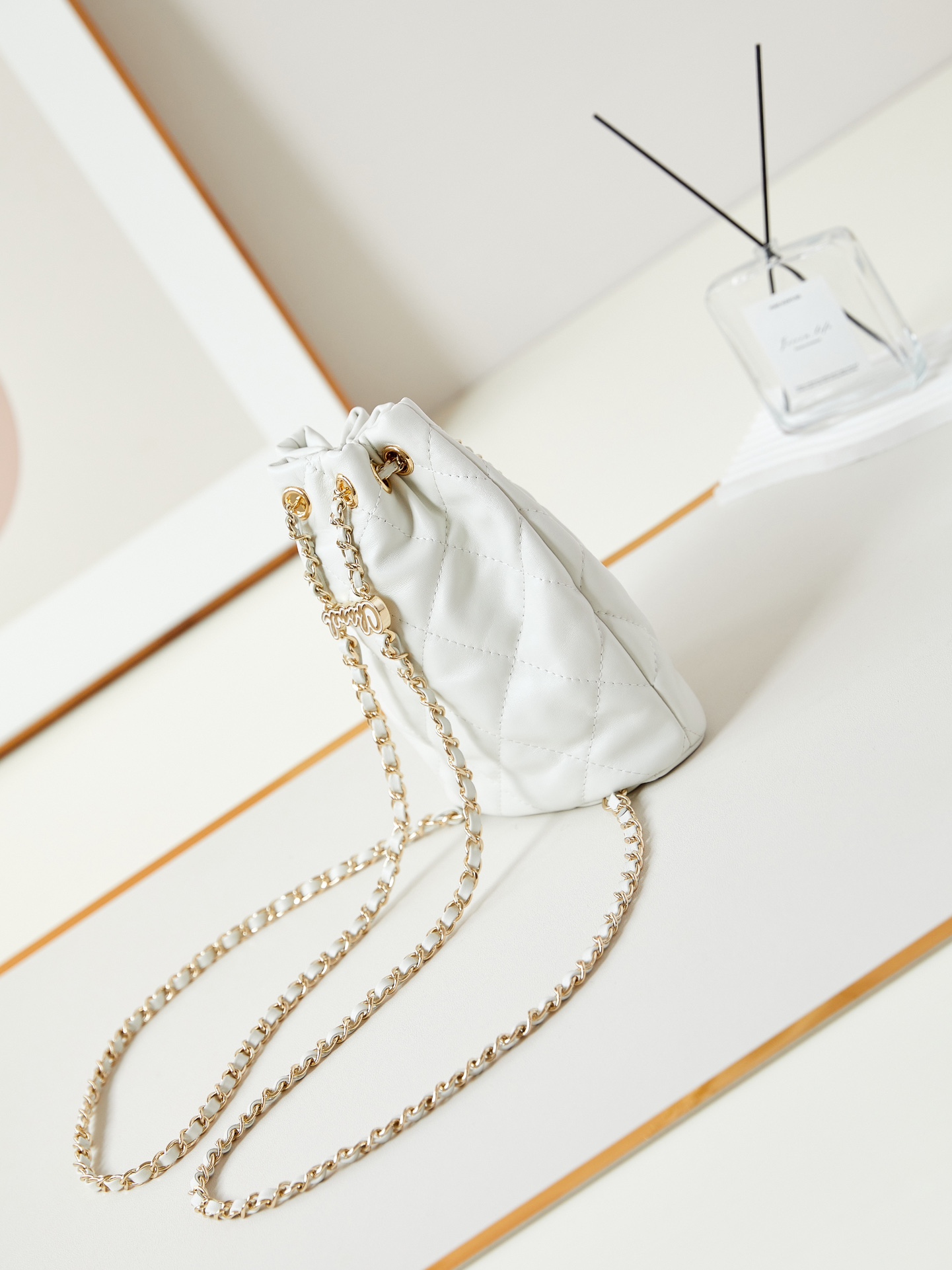 CHANEL Backpacks Shiny Lambskin & Gold-Tone Metal White-AS4810