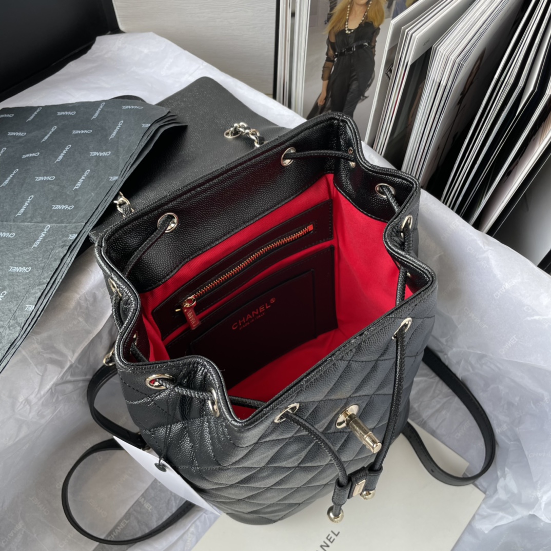 CHANEL Backpacks  Grain-embossed shiny calf leather with gold-coloured metal Black -AS4058