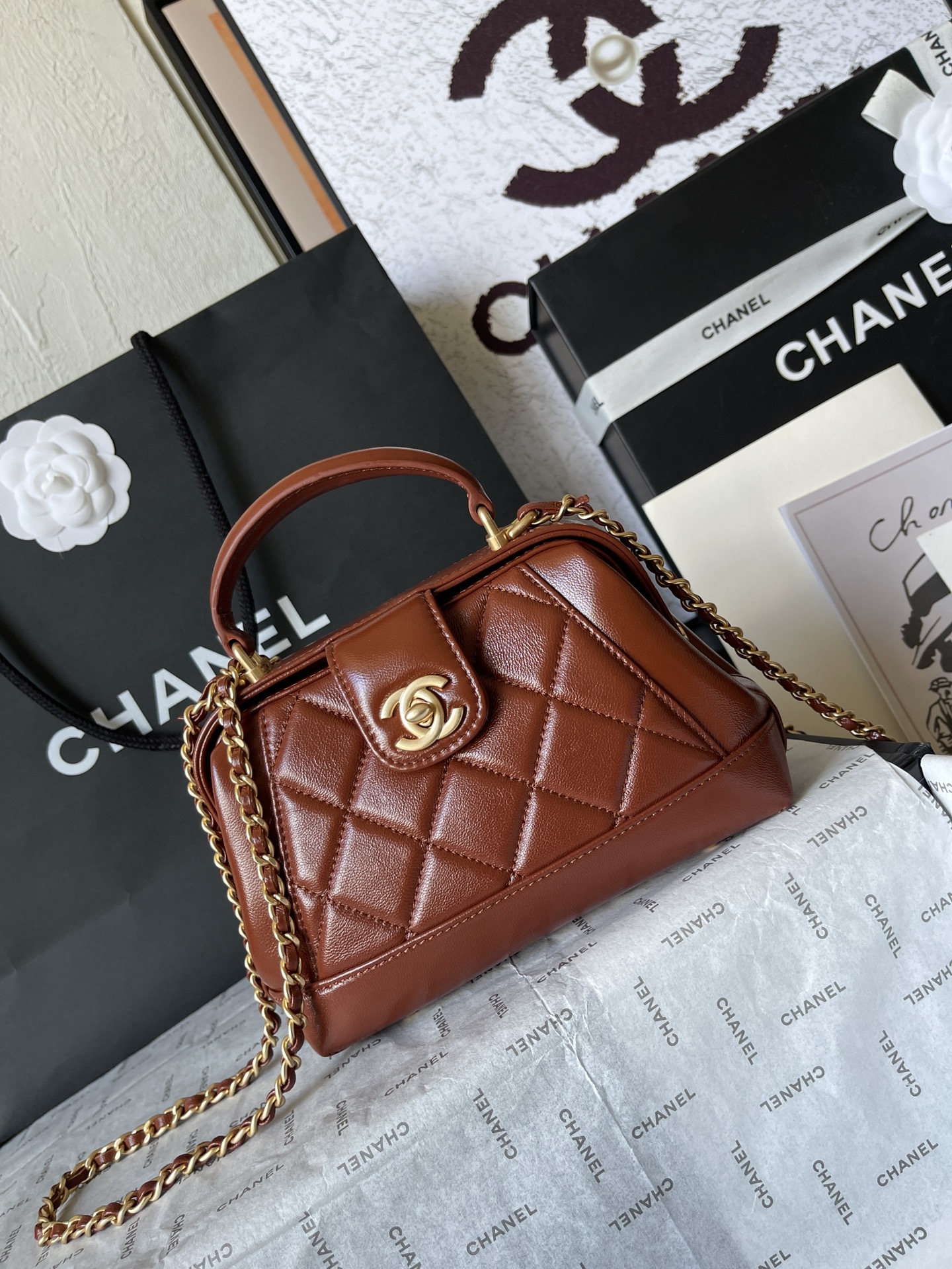 CHANEL Mini Bag with Top Handle Brown-AS4958